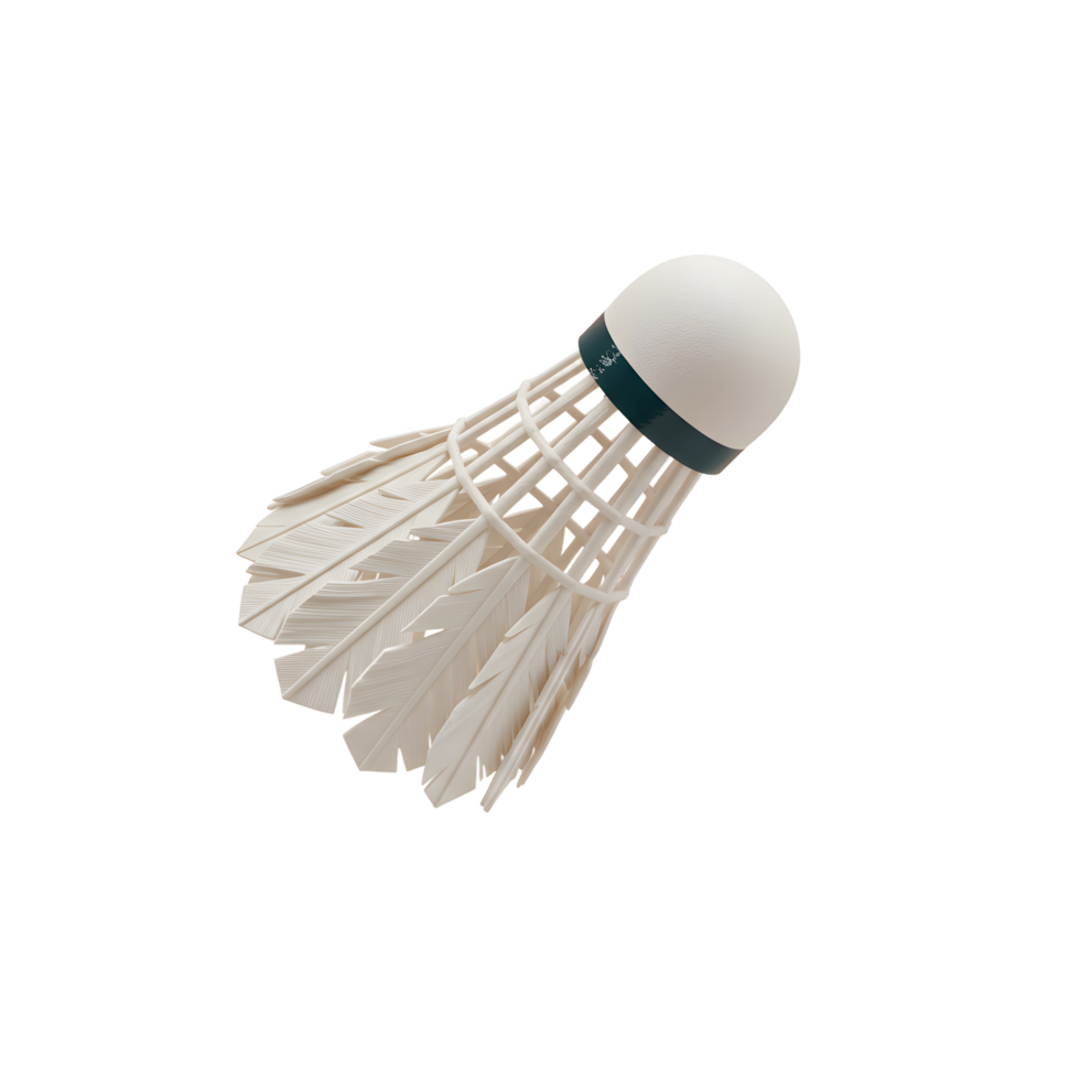 A pristine white shuttlecock zooms across a stark white background, its feathers blurred, capturing the energy and speed of a badminton game. png