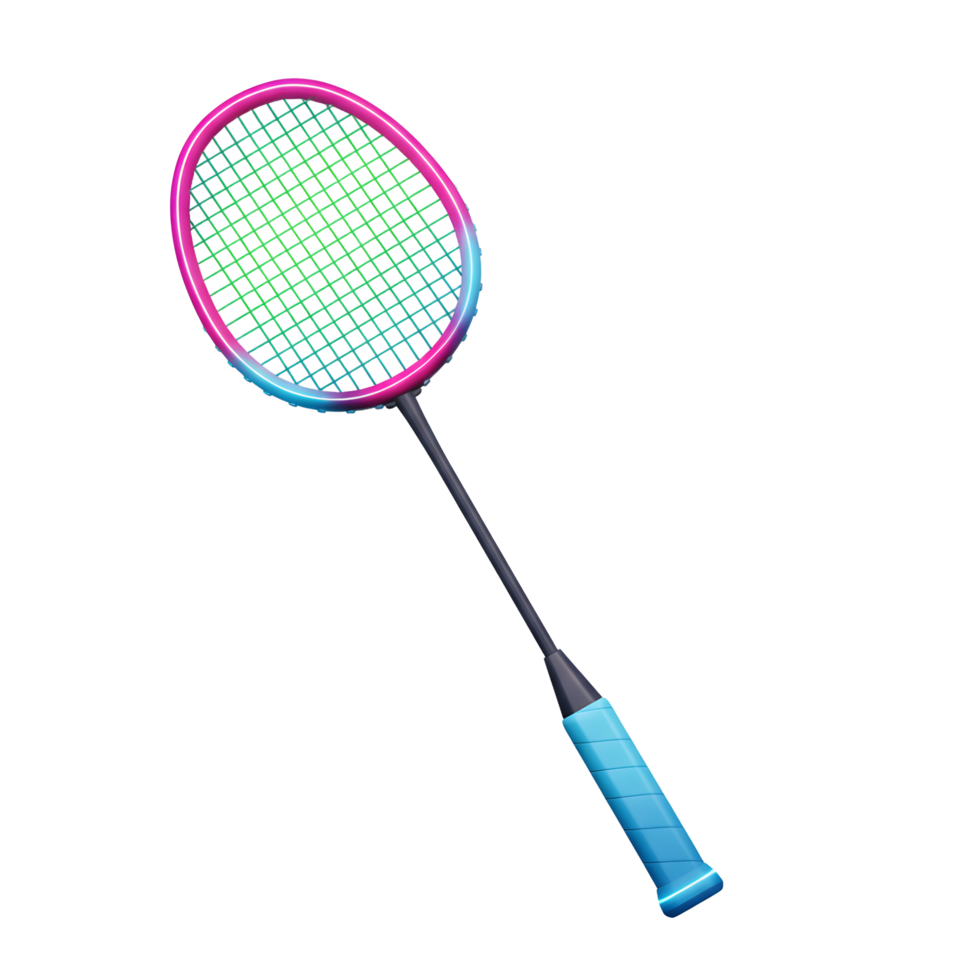A stylish badminton racket with a radiant pink and blue gradient frame. The sleek design is perfect for a fun, energetic game. png