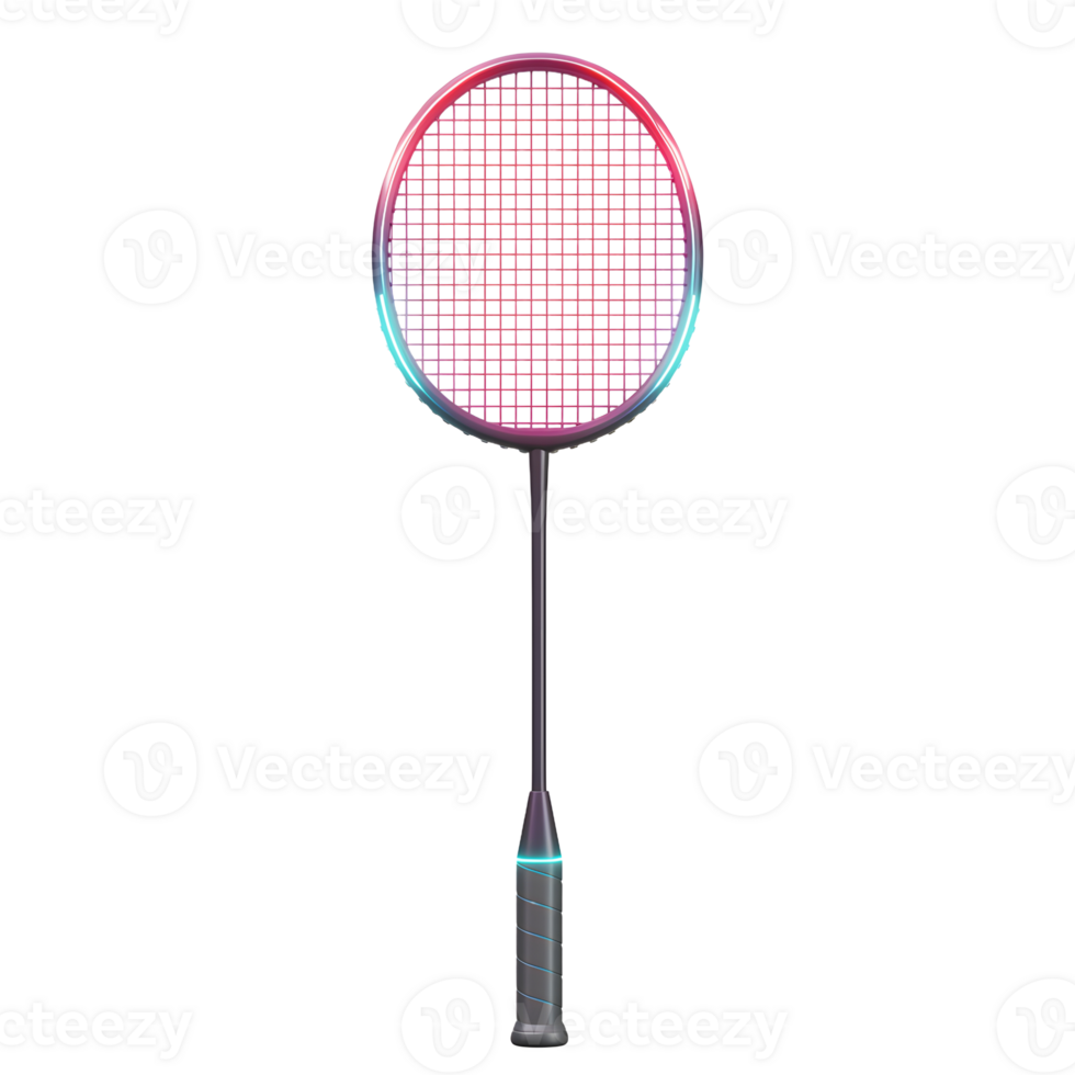 A sleek badminton racket shines with vibrant neon pink and blue accents. The dark handle contrasts beautifully, creating a stylish and dynamic image. png
