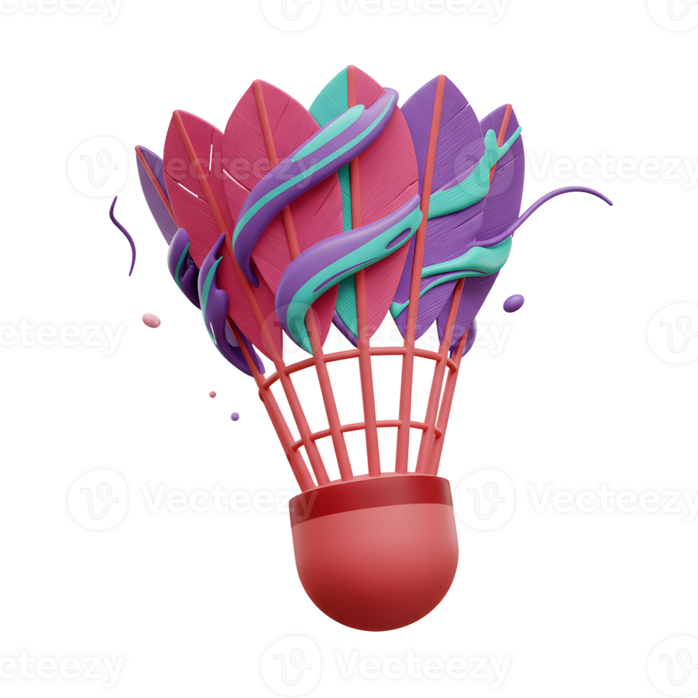 A vibrant badminton shuttlecock bursts with playful pink and purple paint swirls, creating a dynamic and energetic scene. The abstract design adds a modern twist to this classic sports item. png