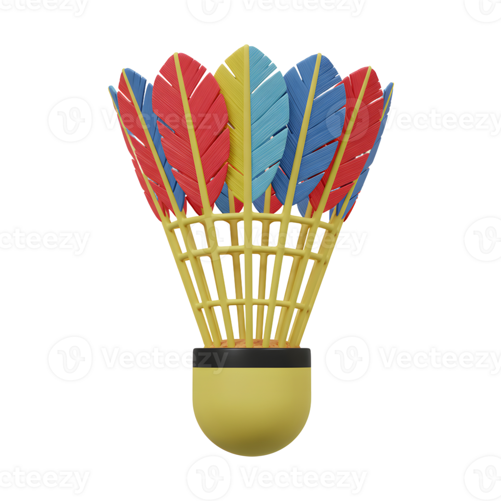 A cheerful badminton shuttlecock bursts with vibrant red, blue, and yellow feathers, its cheerful yellow base adding a playful touch. A fun, dynamic image png