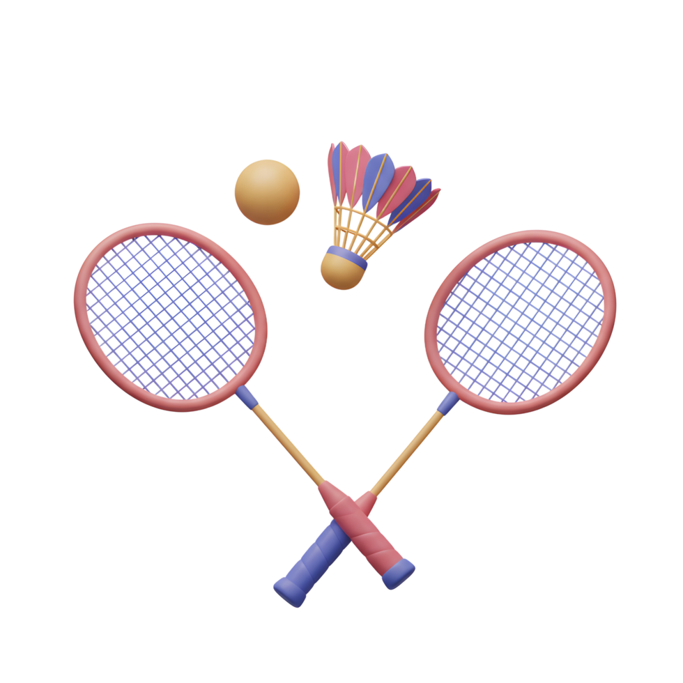 Two pastel pink racquets playfully cross, a shuttlecock and birdie float nearby. A cheerful, lighthearted 3D scene. png