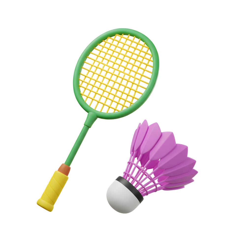 A cheerful cartoon badminton racket and shuttlecock float against a white background. The vibrant colors and playful style create a fun and energetic mood. png