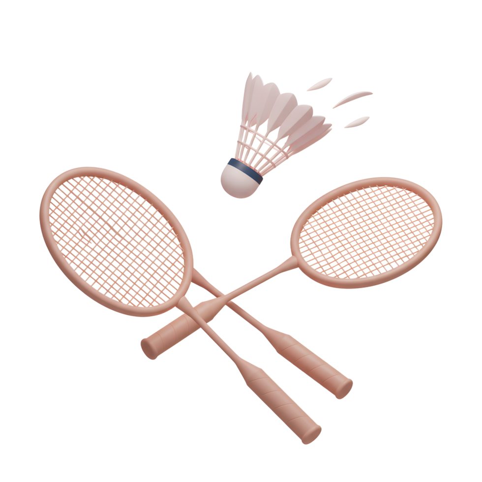 Two elegant pastel-pink badminton racquets lie crossed, a shuttlecock floats above, creating a serene and minimalist sports scene. png