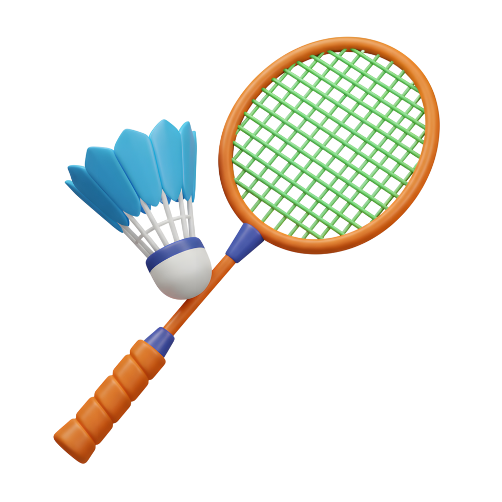A cheerful 3D rendering showcases a vibrant orange badminton racket and a bright blue shuttlecock, ready for a fun game. The playful design is perfect for active lifestyles. png