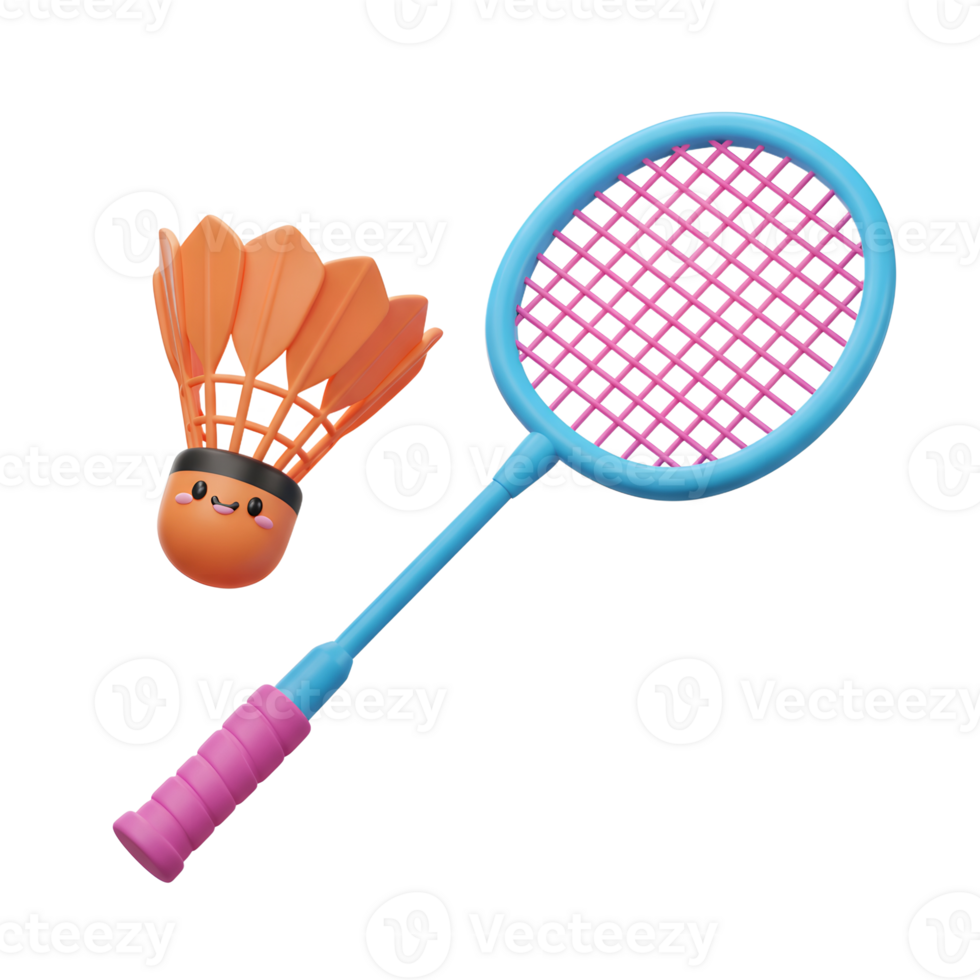 A cheerful orange shuttlecock with a cute face sits beside a vibrant blue and pink badminton racket. The 3D style creates a fun, playful mood. png