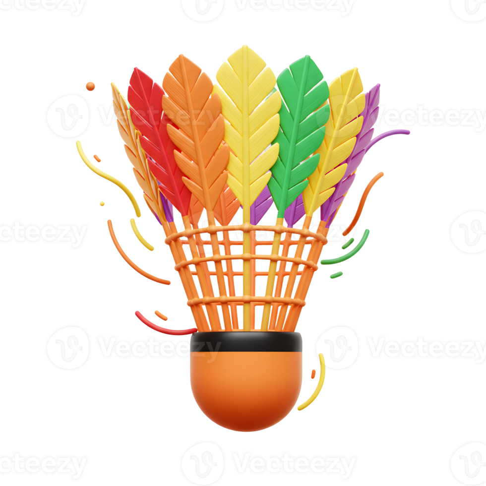 A vibrant shuttlecock bursts with rainbow-hued feathers, playfully rendered in a cheerful 3D style. Its joyful energy and bold colors create a fun, energetic mood. png