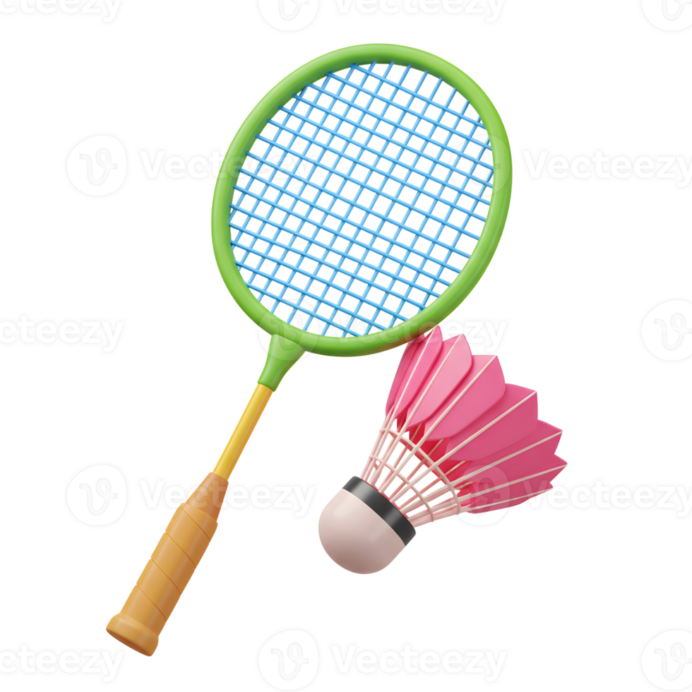 A cheerful 3D rendering showcases a bright green and yellow badminton racket alongside a pink shuttlecock, ready for a fun game. The image is lively and inviting. png