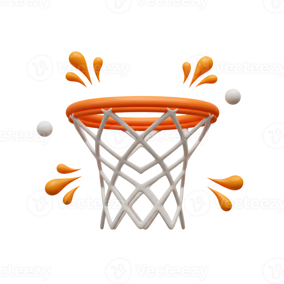 A cheerful 3D rendering of a basketball hoop, vibrant orange rim, and playful splashes add a fun, energetic mood. Two balls near the net png