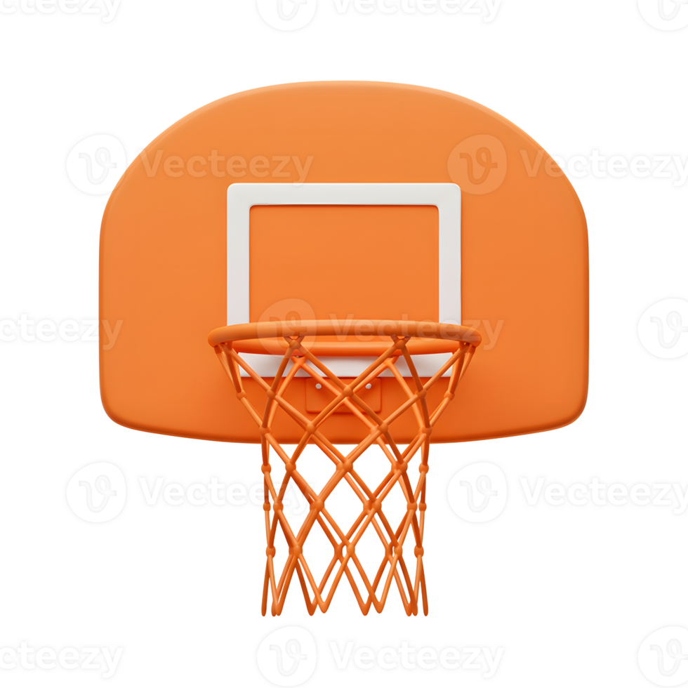 A vibrant orange basketball hoop stands out against a white background. The minimalist design features a simple backboard and net, creating a clean and modern aesthetic. png