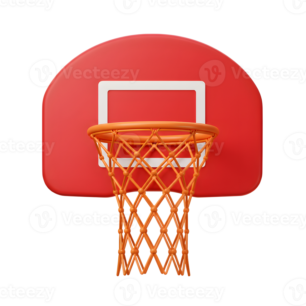 A vibrant red basketball hoop, rendered in a clean 3D style, stands out against a white background. The orange net adds a playful contrast. Simple yet striking png