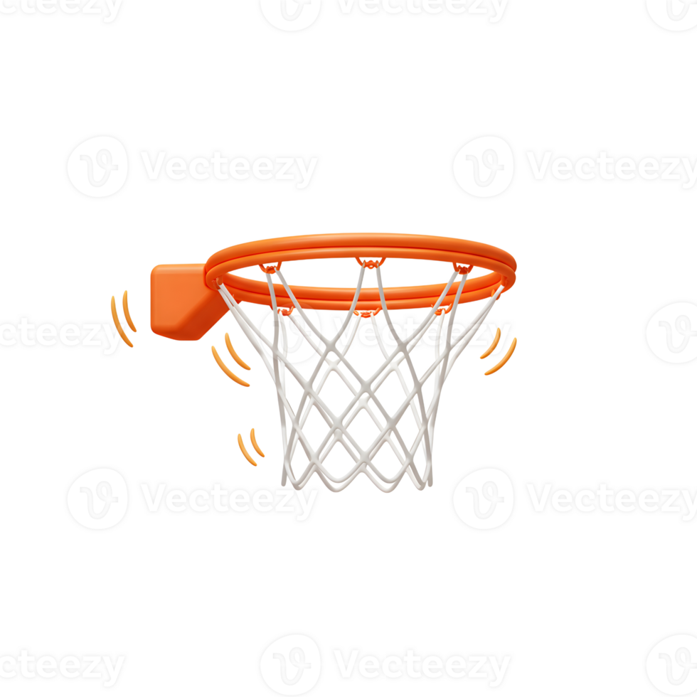 A close-up showcases a basketball hoop with a bright orange rim and crisp white net. The lively colors and clean lines create a dynamic, energetic feel. png