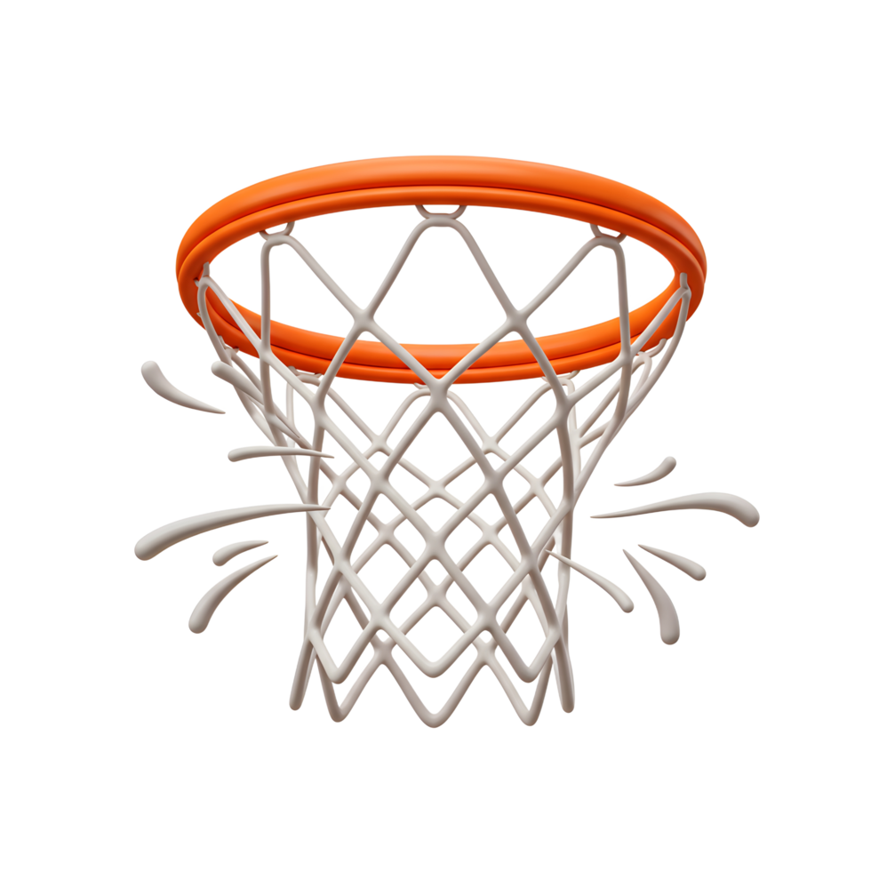 A dynamic basketball net design, with an orange rim and white net, features a stylized splash effect, creating a vibrant and energetic image. Clean lines and minimal aesthetic. png