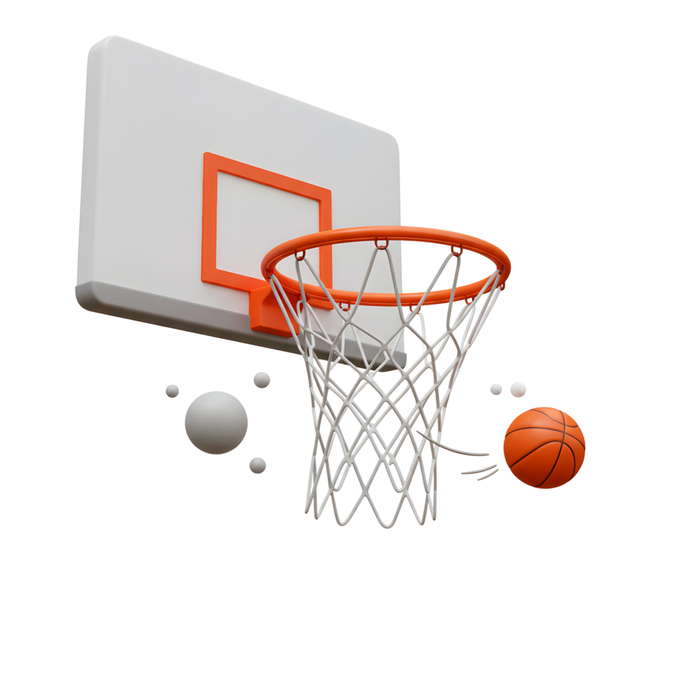 A basketball swishes through the net of a minimalist orange and white hoop. Clean lines, bright colors, dynamic action png