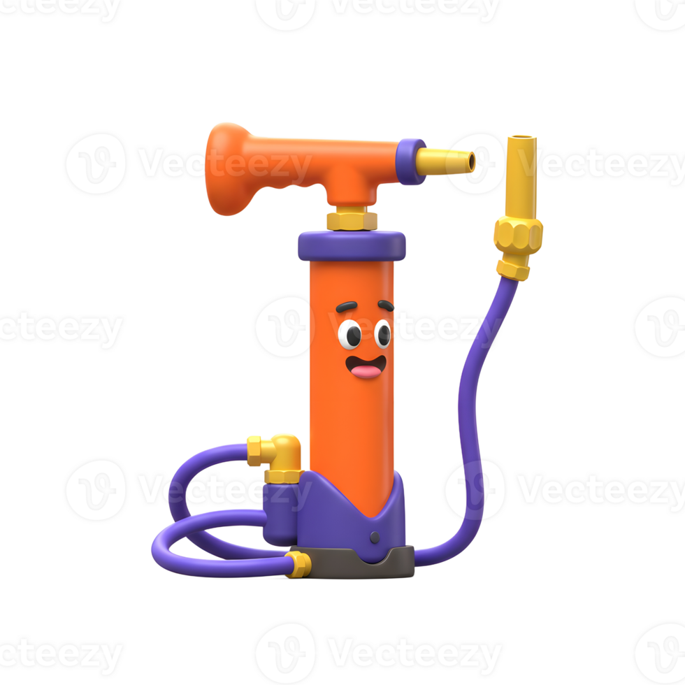 A happy, orange air pump with a purple hose smiles cheerfully. Its playful 3D design creates a fun, lighthearted mood. png