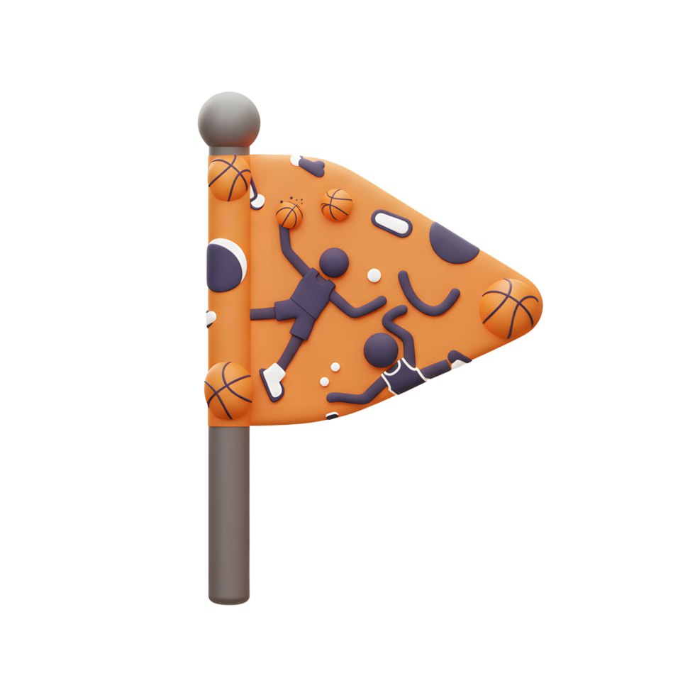 A cheerful orange flag displays dynamic basketball players and balls, creating a lively and fun 3D illustration. Perfect for sports fans png
