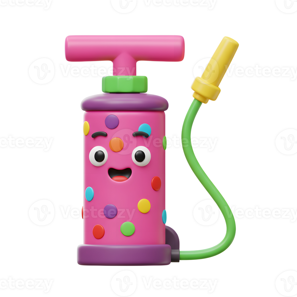 A cute, pink balloon pump with colorful polka dots and a happy face smiles playfully. Its bright colors and cheerful expression create a fun, whimsical mood. png