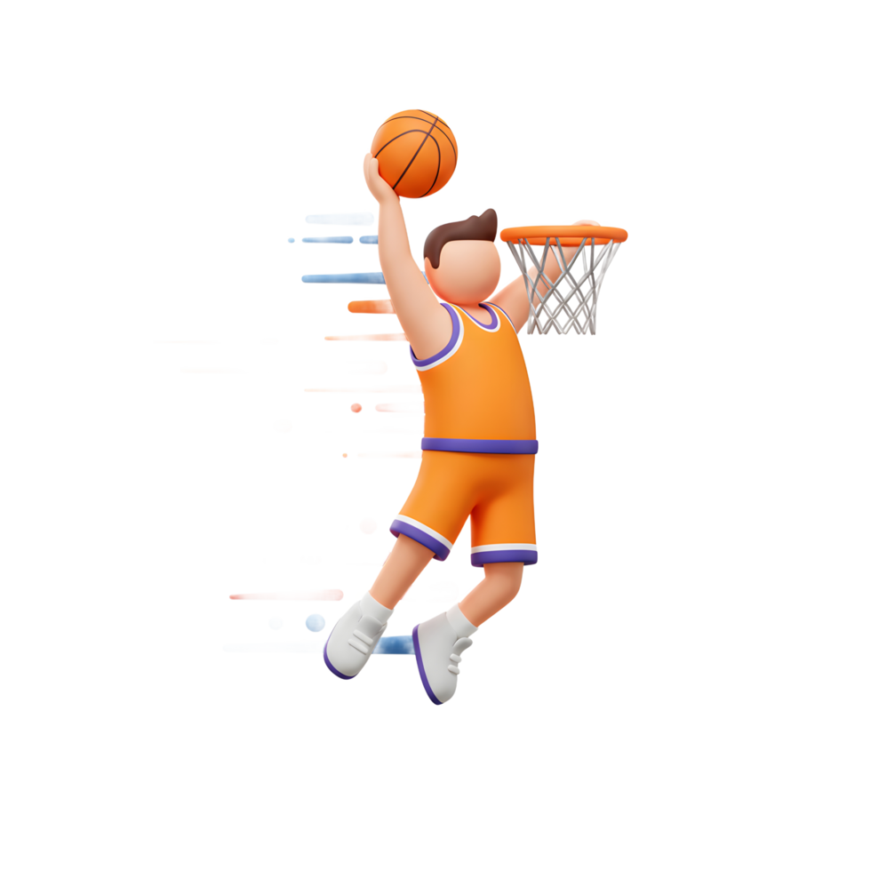 A playful 3D cartoon basketball player leaps high, about to dunk, motion lines suggesting incredible speed and energy. Fun, vibrant, action png