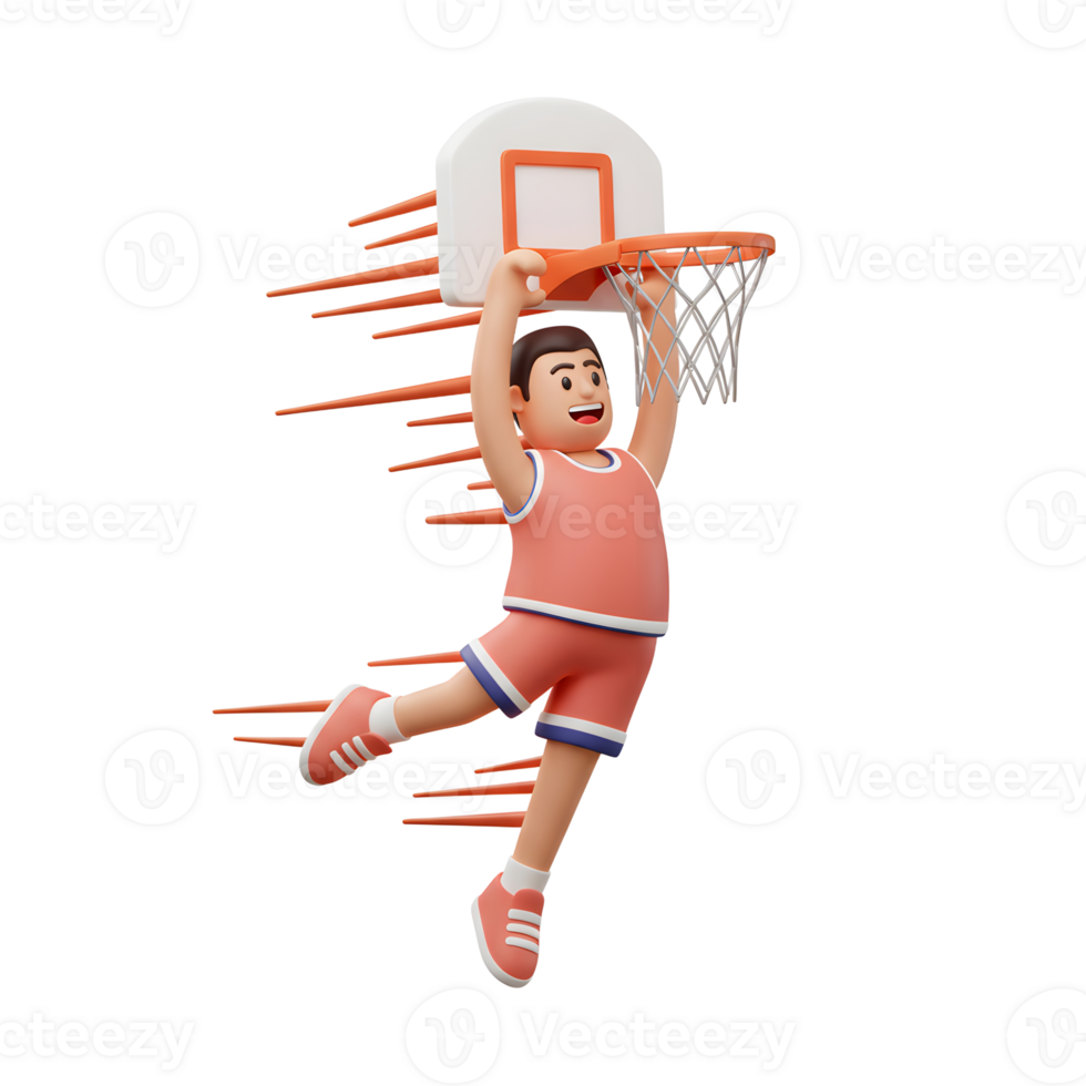 A cheerful cartoon basketball player leaps high, executing a powerful dunk. Motion blur adds excitement to this vibrant, playful scene. png