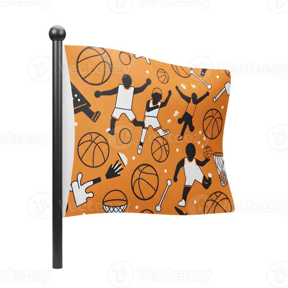 A vibrant orange flag showcases dynamic basketball players in a playful, energetic pattern. Black silhouettes stand out against the bright background, creating a sporty and spirited mood. png