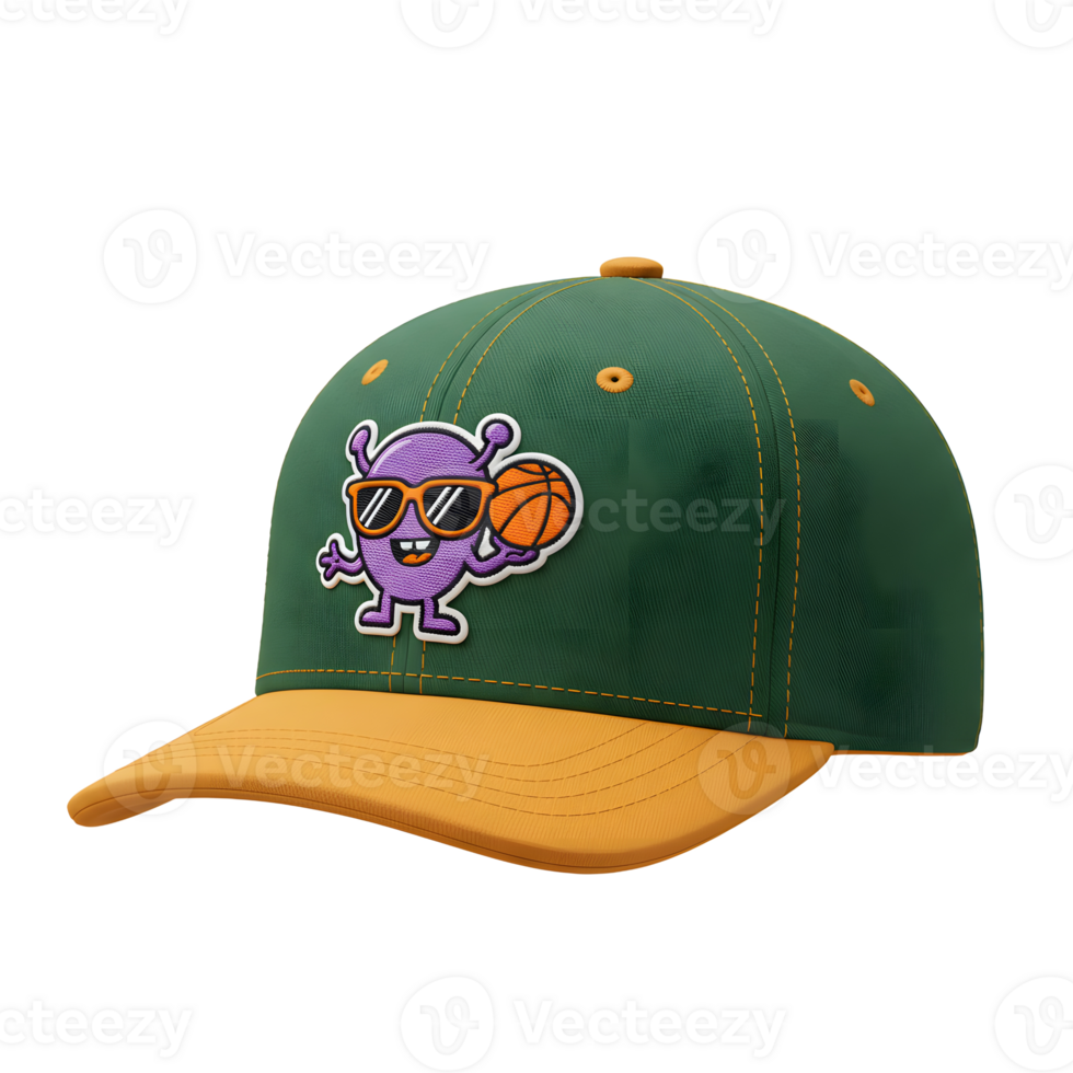 A stylish green baseball cap features a fun purple monster graphic holding a basketball, adding a playful touch. The contrasting gold brim enhances its cool vibe. png