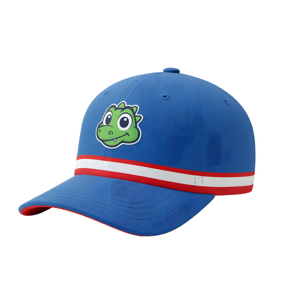 A vibrant blue baseball cap features a friendly green dragon, adding a playful touch. The red and white stripes enhance its sporty style. png