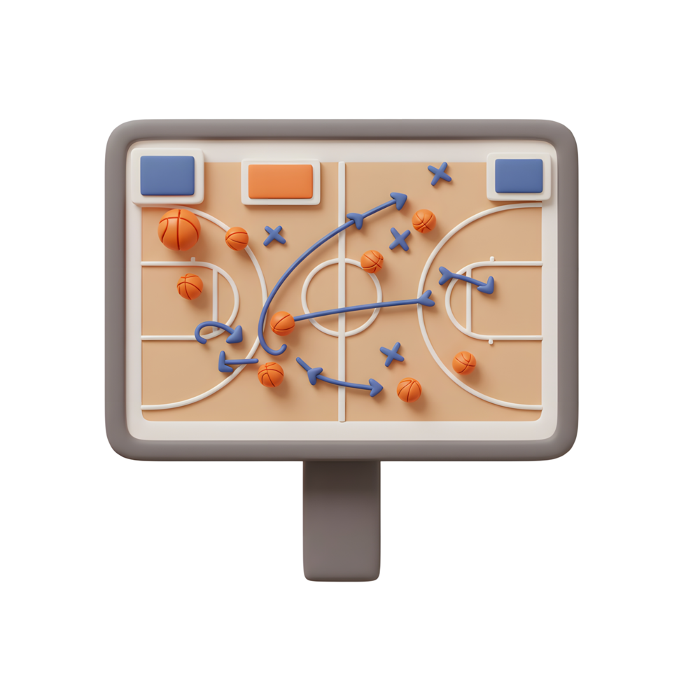 A charming 3D rendering shows a basketball playbook. Miniature balls and arrows illustrate the game plan on a court. Playful and strategic png