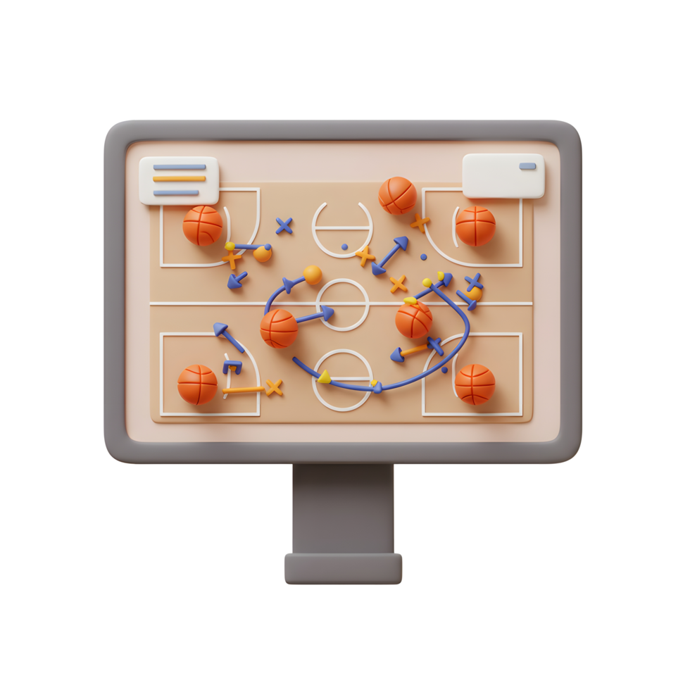 A playful 3D rendering showcases a basketball strategy board, orange balls marking planned moves on a beige court. The scene is cheerful and engaging. png