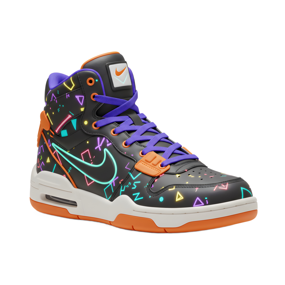 Bold neon geometric designs pop on these black Nike high-tops. The purple laces and orange accents add a vibrant 90s vibe. A stylish and energetic sneaker png