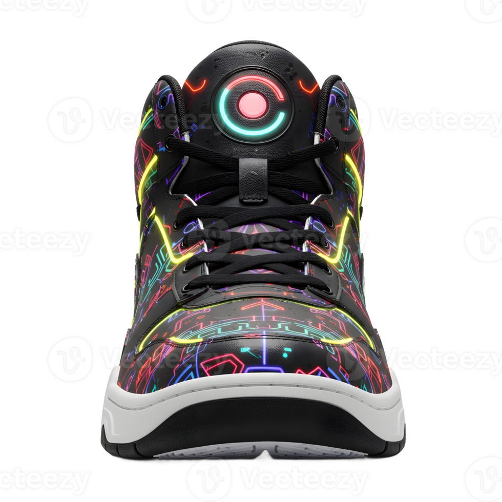 A captivating close-up reveals a sleek, black high-top sneaker adorned with a vibrant neon circuit design. The illuminated central logo adds a futuristic touch, creating a dynamic and stylish look. png