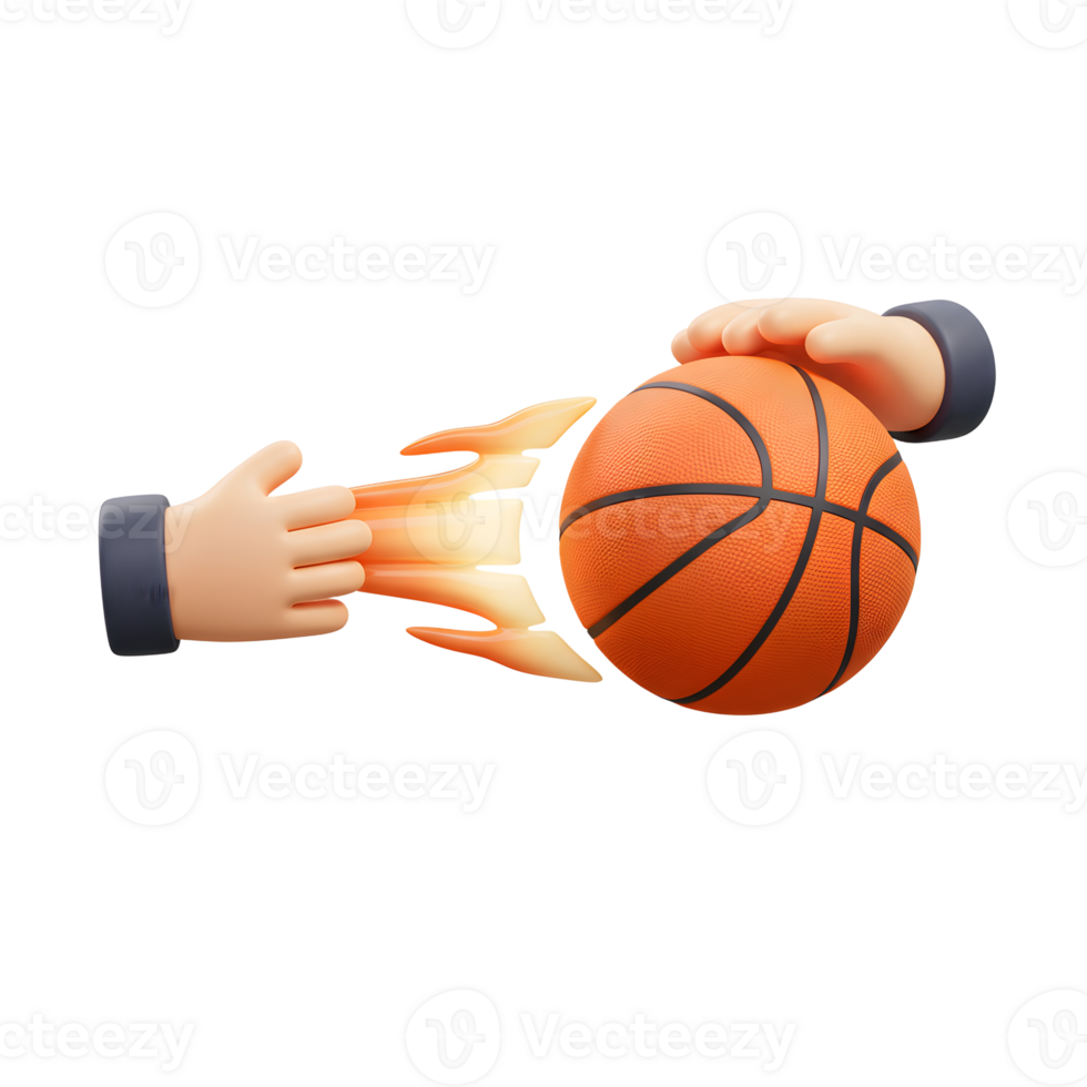 A playful cartoon scene Two 3D hands, one launching a basketball with a fiery trail, the other receiving it. Dynamic, energetic, and fun png