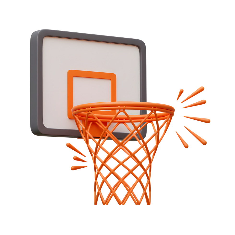 A vibrant orange basketball hoop, rendered in a playful 3D style, stands ready for action. The bright color pops against the clean white background, creating a fun, energetic mood. png