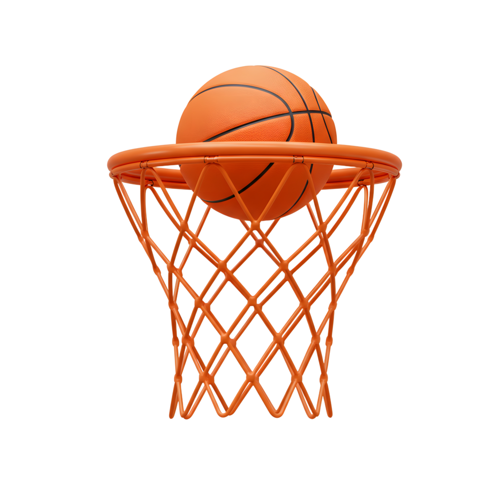A vibrant orange basketball perfectly nestled in an orange hoop. Clean lines, dynamic pose. Pure sports energy png