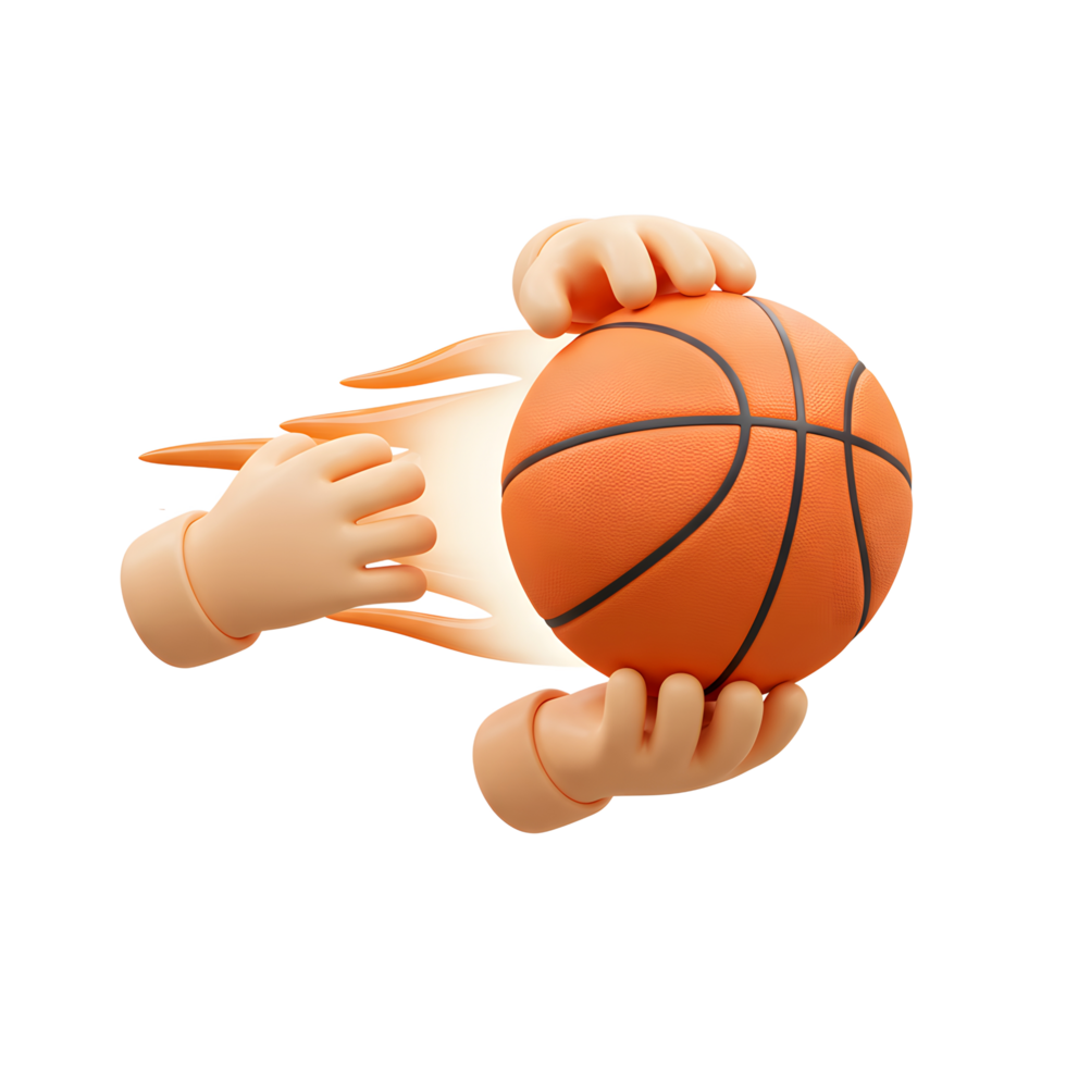 A dynamic image of cartoon hands swiftly passing a basketball, leaving a fiery trail. The vibrant colors and energetic movement convey speed and excitement. png