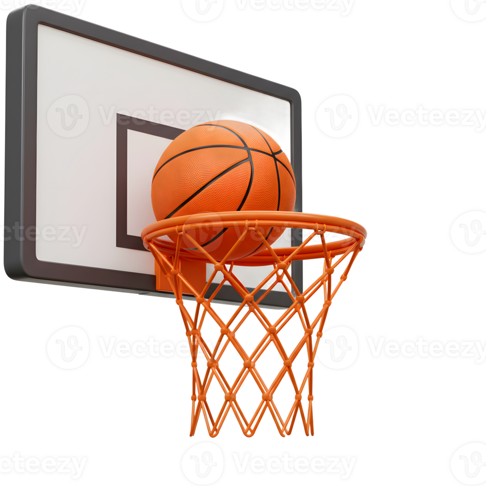 A perfect basketball shot The orange ball cleanly enters the net against a crisp white background. Clean lines, simple elegance. png