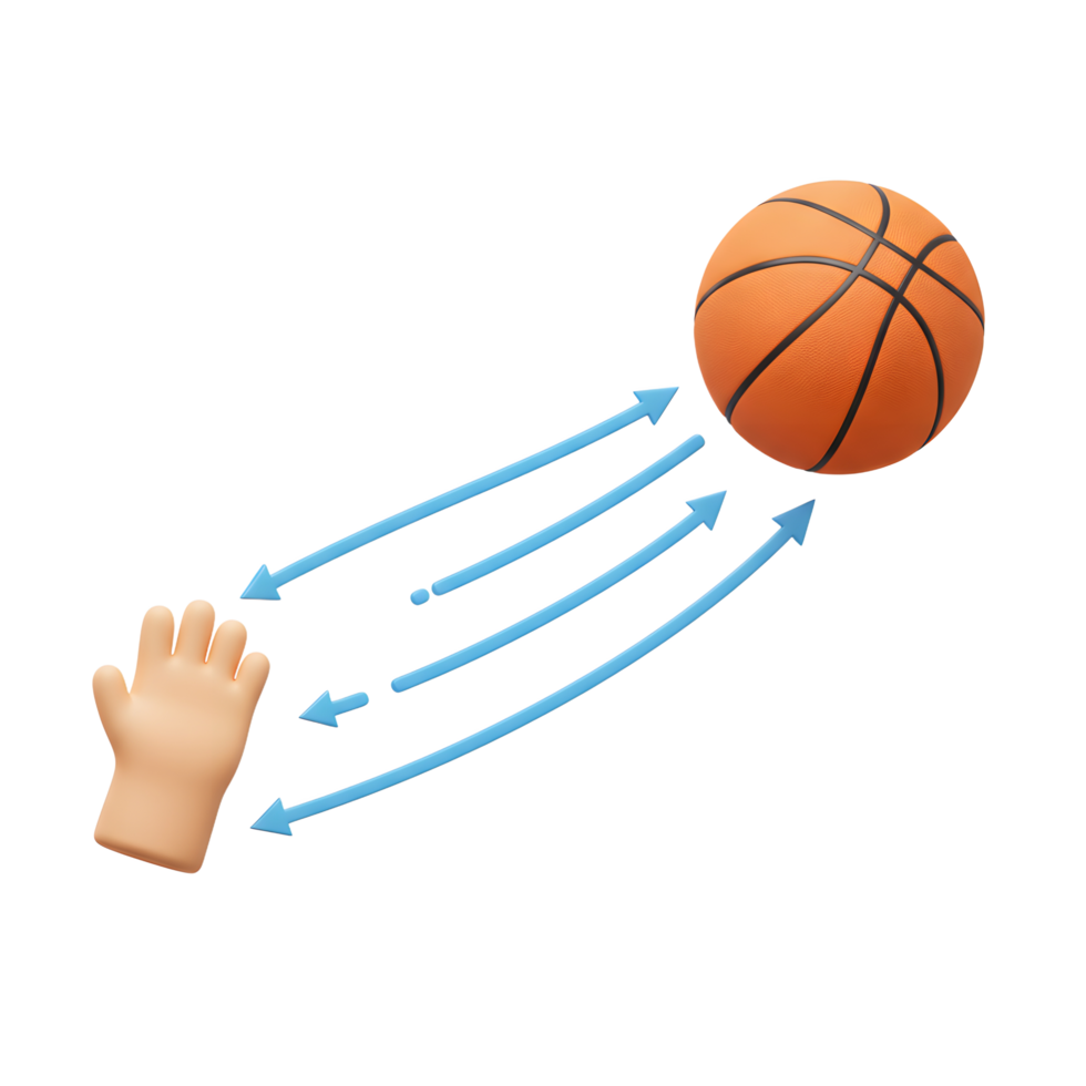 A playful 3D render shows a hand reaching for a basketball in mid-air. Blue arrows trace the ball's trajectory, adding dynamism and visual interest. png