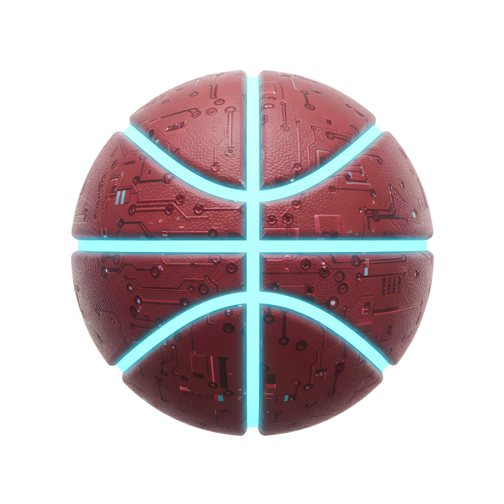 A mesmerizing red metallic basketball, its surface etched with intricate circuit patterns, glows with vibrant cyan lines. The futuristic design creates a captivating, high-tech feel. png