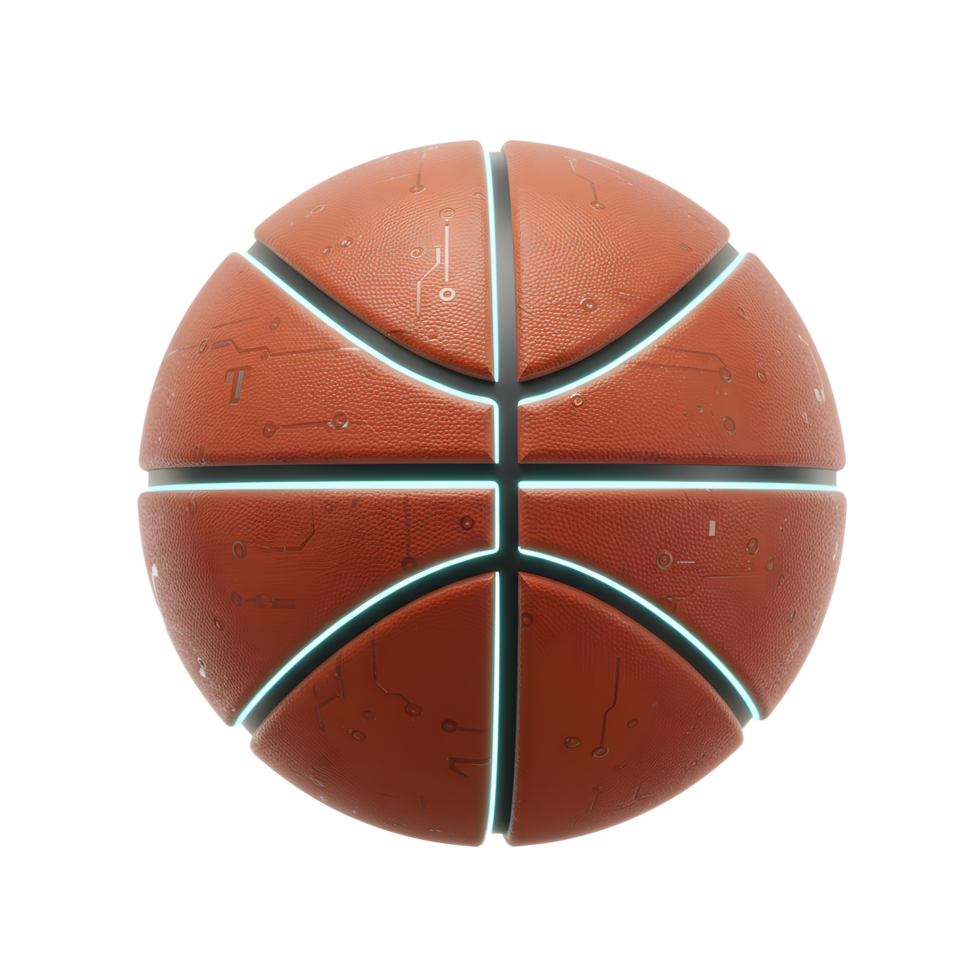 A sleek, futuristic basketball design Its orange leather panels are etched with circuit patterns, highlighted by glowing teal seams. High-tech and stylish. png
