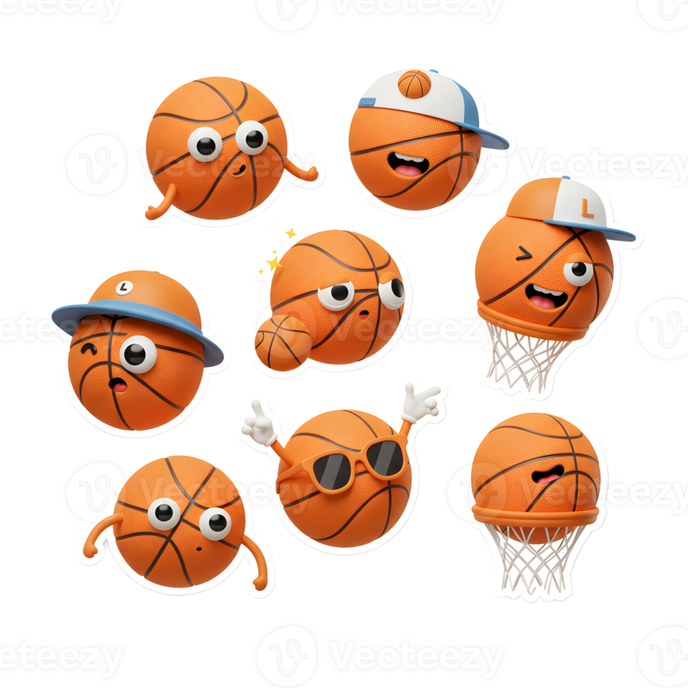 Adorable basketballs with expressive faces and fun accessories create a lighthearted and charming scene. Each ball has a unique personality png