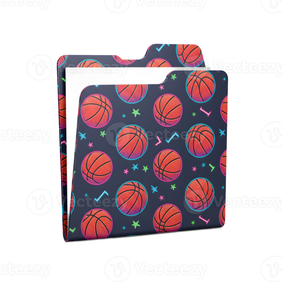 A vibrant file folder showcases a fun, repeating pattern of basketballs in a neon style. The dark background makes the basketballs pop, creating a sporty and energetic vibe. png