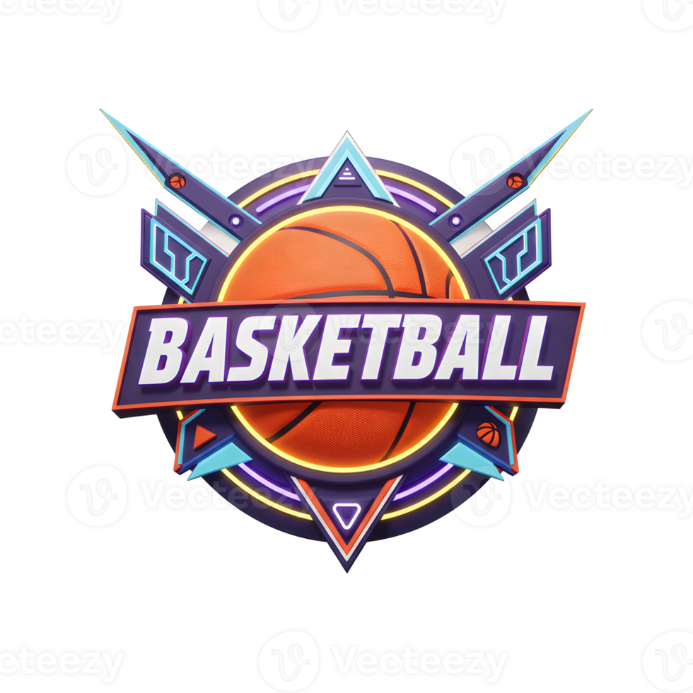 A vibrant basketball takes center stage in this retro-styled emblem, encircled by neon lights and geometric shapes, creating an energetic and exciting visual. png