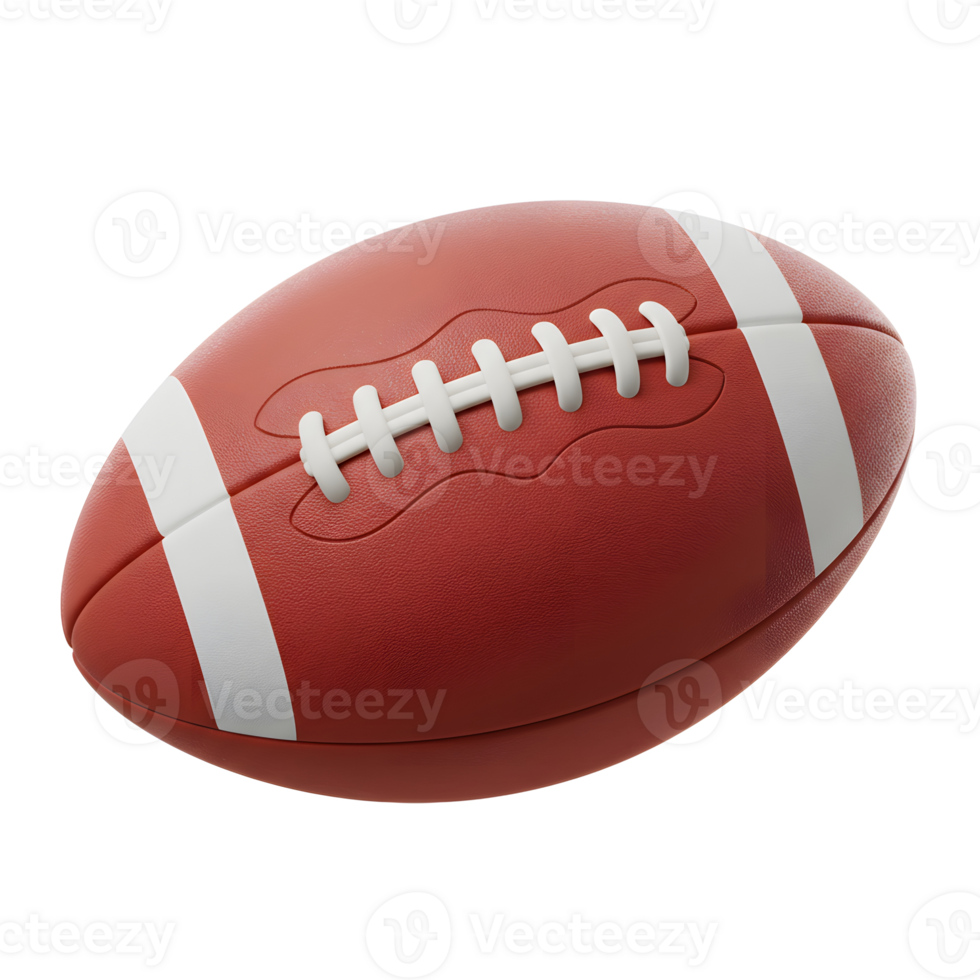 A pristine American football, rendered in a realistic style, rests against a clean white background. The deep red leather and crisp white stripes create a classic look. png