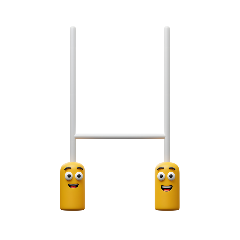 Smiling emoji faces adorn the base of a simple white rugby goalpost, creating a fun and lighthearted 3D image. Pure joy png