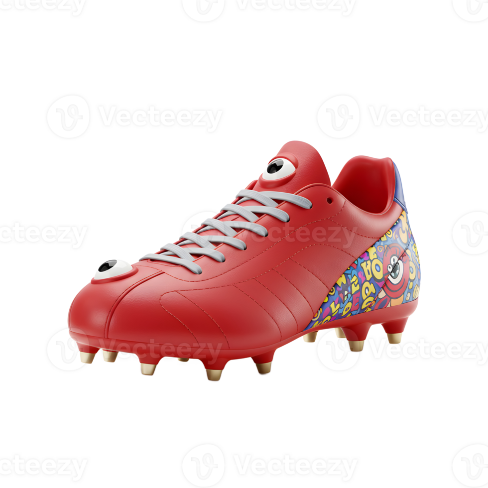 A vibrant red soccer cleat stands out with quirky eyes and a fun, colorful doodle pattern. The playful design creates a lighthearted, energetic feel. png