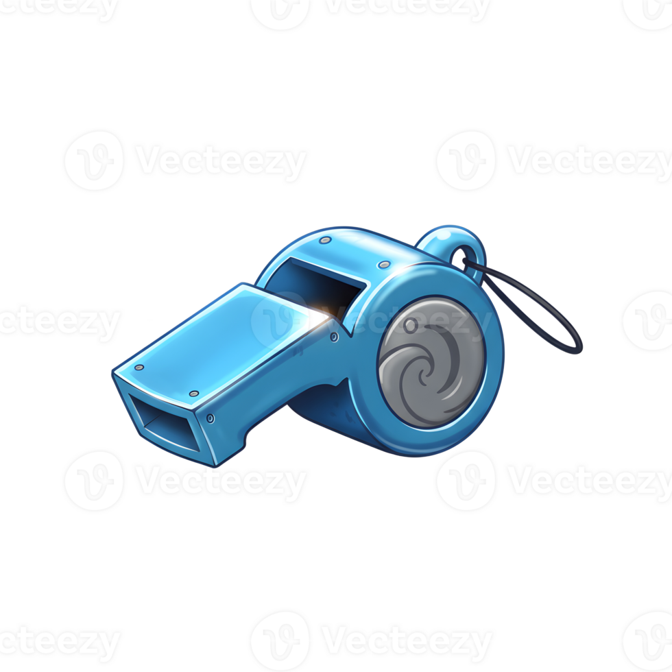 A vibrant blue whistle, cartoon-style, is depicted with a burst of energy, ready to blow. Its playful design and bright color create a fun, energetic mood. png