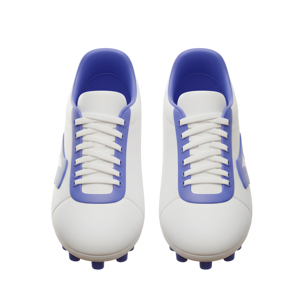 A pair of pristine white soccer cleats with periwinkle accents sits against a stark white background. The simple yet stylish design exudes a clean and sporty vibe. png