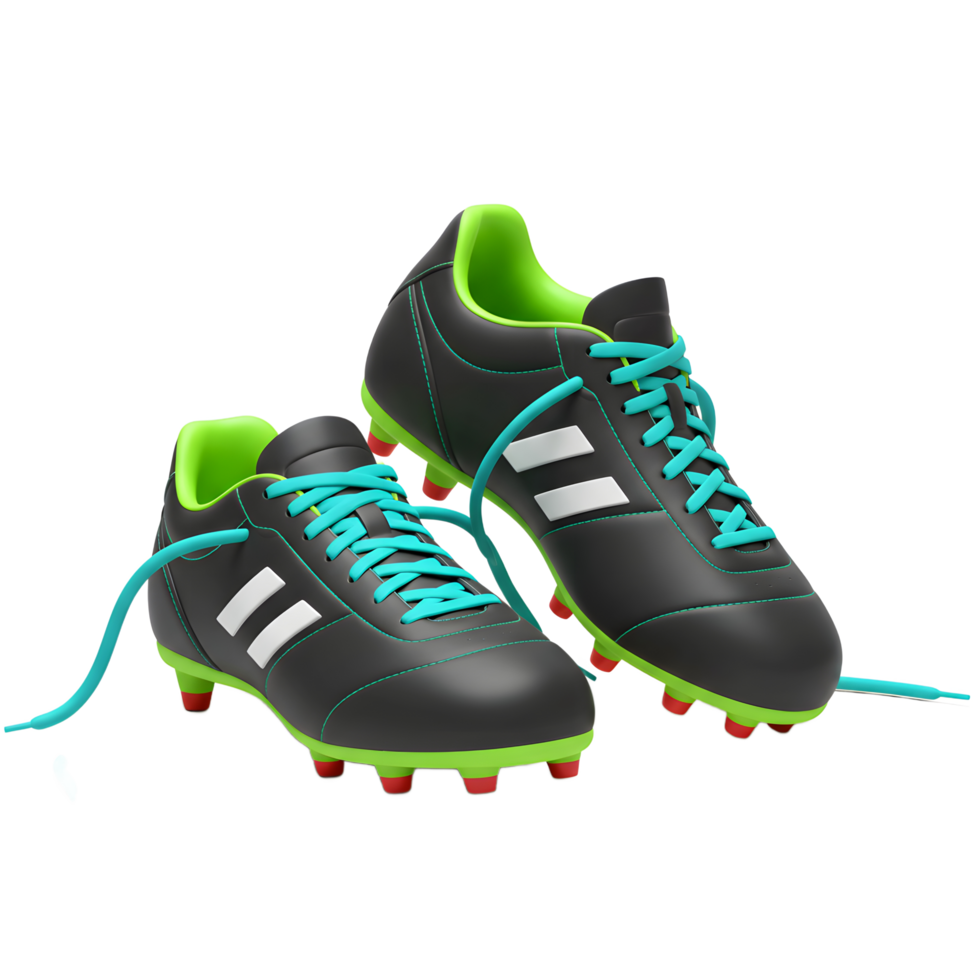 Catchy black soccer cleats with lime green and teal accents. Clean lines, vibrant laces, and sporty style. Ready for the game png