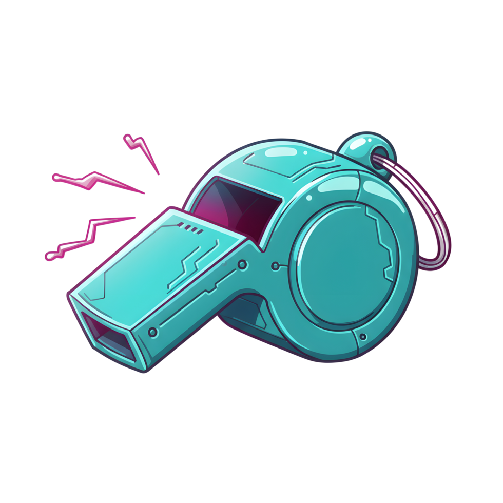 A vibrant teal whistle, styled with futuristic tech details, emits a sharp, energetic sound. Its sleek design and bright color pop against a stark white background, creating a dynamic visual. png
