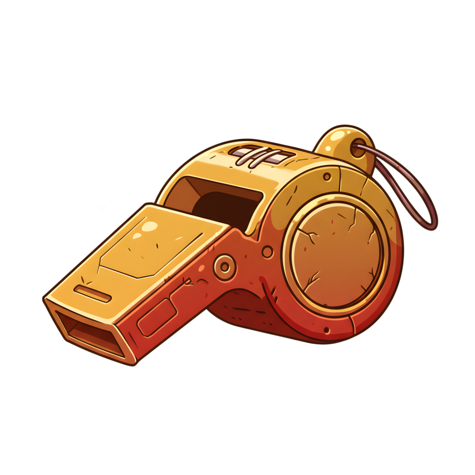 A cartoon whistle, aged and golden, emits a sharp blast. Its worn texture and vibrant colors create a playful, nostalgic feel. png