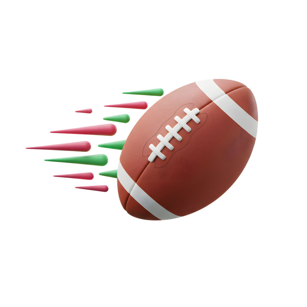 A brown leather football streaks across a white background, leaving a vibrant trail of pink and green. Dynamic and energetic png